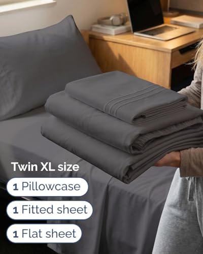 Twin XL 3 Piece Sheet Set - College Dorm Room Essentials - Dark Grey - Image 3