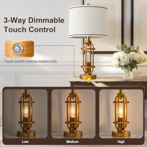 G-SAFAVA 23.75'' Table Lamps Set of 2 for Living Room Bedroom Industrial Farmhouse Metal Touch Lamps with USB A+C Ports, Night Light Vintage Nightstand Bedside Lamp, Bulbs Included, Antique Gold - Image 5