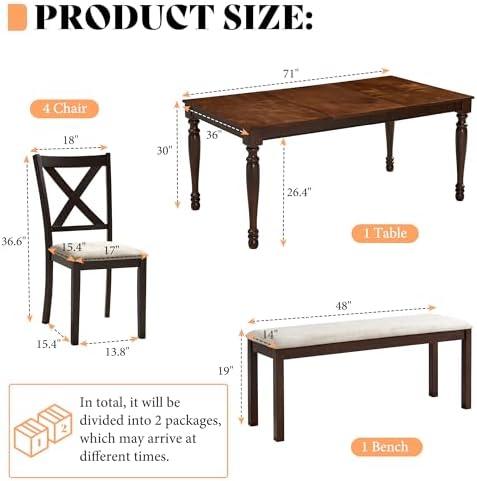 AMERLIFE 6 Piece Farmhouse Dining Set with 71" Solid Wood Table, Brown - Image 2
