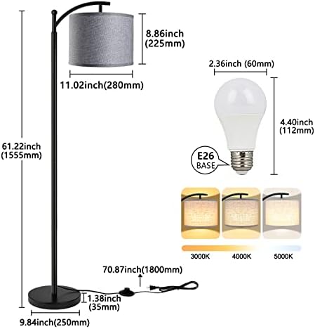 ROTTOGOON Floor Lamp with 3CCT LED Bulb, Gray Linen Lamp Shade for Living Room, Modern Standing Lamp for Bedrooms - Black - Image 4