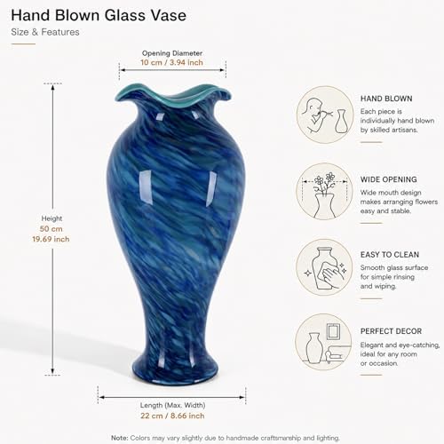 19.7H Murano Hand Blown Glass Vase, Ruffled Scalloped Rim Wide Mouth Colorful Decorative Flower Vase, Large Glass Centerpiece for Living Room, Bathroom, Office, Bookshelf, Entryway,Mantel Decor(Blue) - Image 3