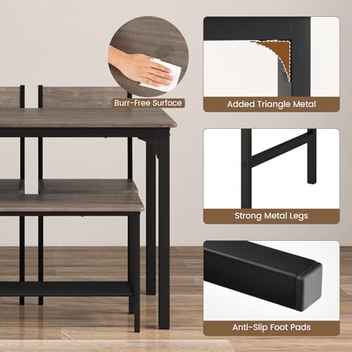 COSTWAY Dining Table Set for 4 w/Bench & 2 Chairs, Storage Racks, Grey - Image 3