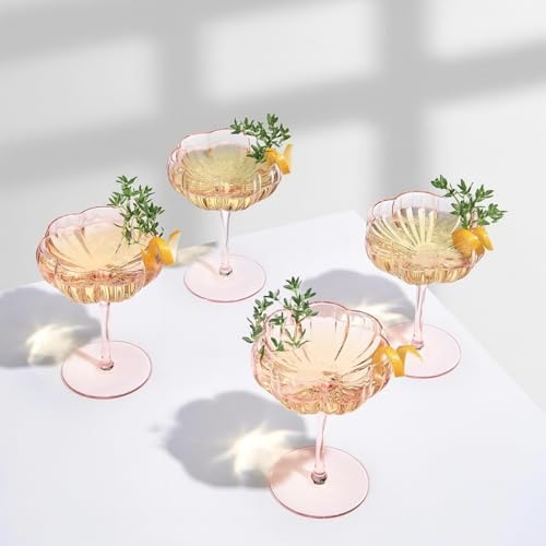 Khen Flower Modern Wavy Glass Coupes Martini, Champagne & Cocktail Coupes - Set of 4-7.7oz Colorful Cocktail Glasses for Prosecco, Mimosa - Blush Pink by Khen