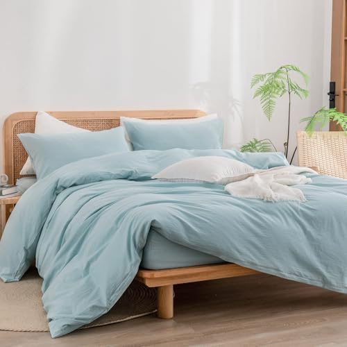 BESTOUCH Cotton Solid Duvet Cover Set Linen Feel Hushed Green Alaska King - Image 4