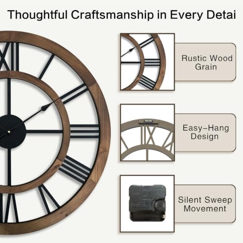 30 Inch Oversized Rustic Wall Clock Silent Non-Ticking Wooden Wall Clocks with Roman Numerals Farmhouse Decorative Clock for Living Room Bedroom Office (Brown) - Image 4