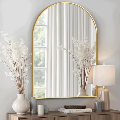 Arched Bathroom Mirror for Wall, 30" x 20" Metal Frame Vanity Mirror, Gold by TRAHOME