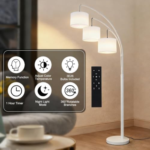 3 Light Dimmable Arc Floor Lamp, LED Tall Standing Lamp with Remote - Image 5