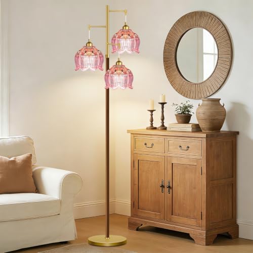 QIYIZM Pink Floor Lamp for Living Room,Bedroom,Glass Mid Century Modern Standing Lamp Brass Tree 3 Light Tall Floor Lamps Wood Vintage Retro Gold Floor Lights Standing Flower LampShade Boho Bohemian - Image 5