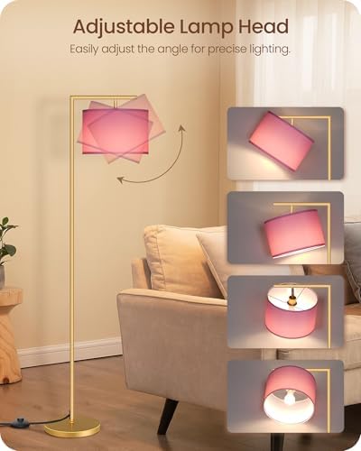 Modern Gold Arc Floor Lamp, Corner Tall Lamp with Remote, Arched Reading Light with Fabric Shade, Floor Lighting for Living Room, Bedroom, Office, Study, Pink, LED Bulb Included, DP11LD05 - Image 4