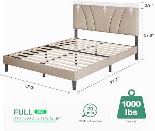 Novilla Full Size Bed Frame with Adjustable Headboard Platform Bed Frame Full Size Linen Fabric Upholstered Headboard, No Box Spring Needed, Wooden Slats Support, Easy Assembly, Light Beige - Image 2