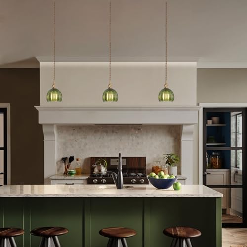 Shenmoyl Pendant Light with Green Tulip Glass Lmapshade, Brass Vintage Pendant Light Adjustable Hanging Light for Kitchen Island Dining Room Hallway - Image 3