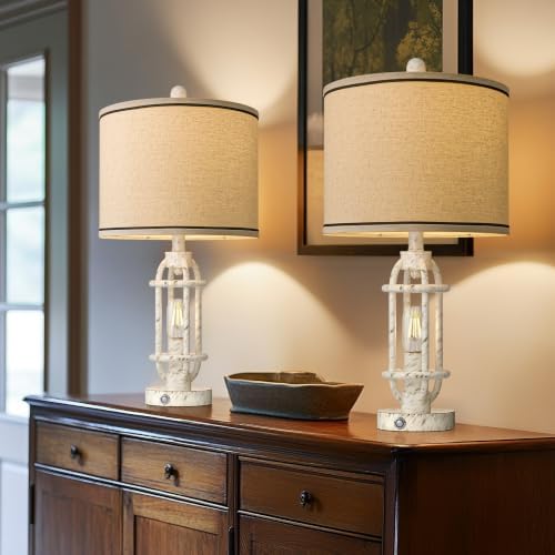 G-SAFAVA 23.75'' Table Lamps Set of 2 for Living Room Bedroom Industrial Farmhouse Metal Touch Lamps with USB A+C Ports, Night Light Vintage Nightstand Bedside Lamp, Bulbs Included, White - Image 2