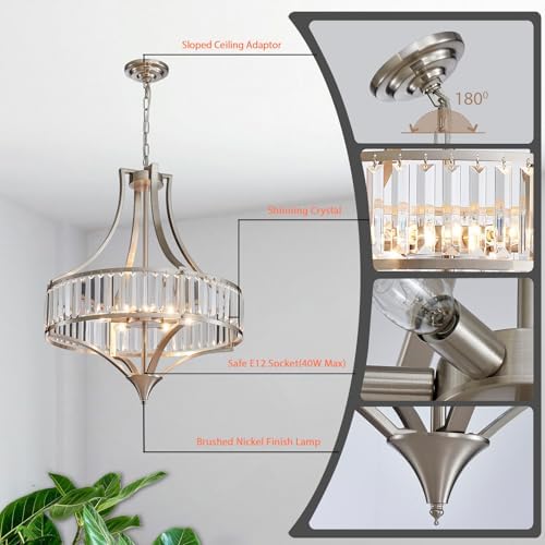 21.6" Brushed Nickel Chandeliers for Dining Room, Rustic Farmhouse Crystal Chandelier with Round Metal Shade, Modern 6-Light Large Light Fixture for Hallway, Bedroom, Foyer - Image 5
