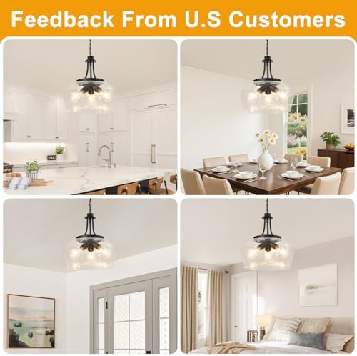 Modern Pendant Lights Kitchen Island, 3-Light Black Pendant Light Fixtures with 14.2" Clear Air Bubble Glass Shade, Industrial Hanging Pendant Lights Fixture for Kitchen Island, Dining Room, Entryway - Image 4