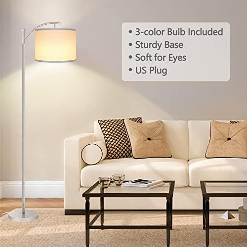 Floor Lamp for Living Room with 3 Color Temperatures LED Bulb, Standing Lamp Tall Industrial Floor Lamp Reading for Bedroom, Office (9W LED Bulb, White Lampshade Included) -Silver - Image 5