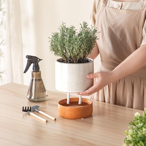 6 Inch Ceramic Self Watering Planter with Drainage Hole, Grey - Image 6