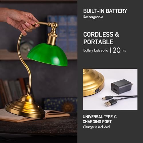 O'Bright Bankers - Cordless LED Table Lamp, Battery-Operated, Rechargeable, 3-Level Dimming, Universal USB-C Charging, 180° Swivel Head, Classic Green Glass Shade, Antique Brass - Image 3