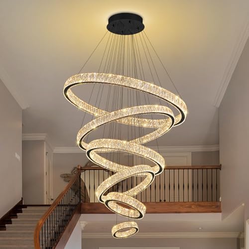 Extra Large 6 Ring Crystal Chandelier Modern LED Long Crystal Chandelier for High Ceiling Height Adjustable Black D8+15.7"+23.6"+31.5"+39.4"+47.5" Dimmable 2700K-6000K - Image 4