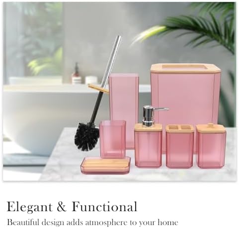 CERBIOR Bamboo Bathroom Accessories Set 7 Piece Bath Ensemble,Pink - Image 4