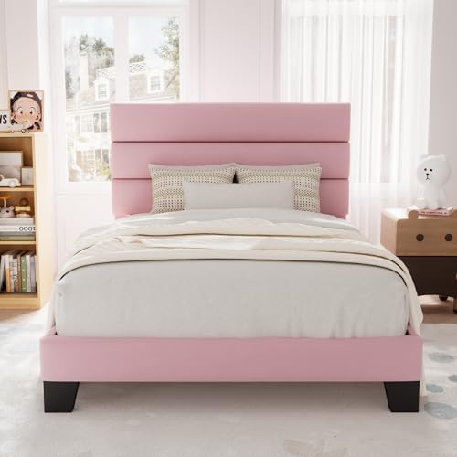 Allewie Twin Size Platform Bed Frame with Velvet Upholstered Headboard Pink by Allewie