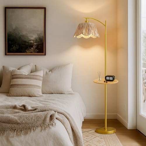 Oneach Floor Lamp with Table for Bedroom, Boho Standing Lamps with Foot Switch, Farmhouse Floor Lamp for Living Room, Arc Rattan Lamps with Gold Metal Base & Pole, Ideal for Home Décor - Image 2