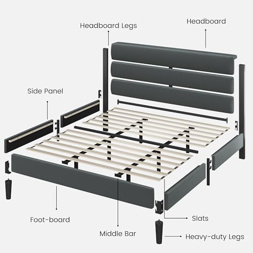 Fluest King Size Bed Frame, Platform Bed Frame with Velvet Upholstered Headboard, No Box Spring Needed, Sturdy Metal Support, Noise Free, Easy Assembly, Grey - Image 6