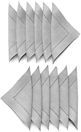 Solino Home 100% Linen Cocktail Napkins Grey Hemstitch, 6 x 6 in, Set of 12 by SolinoHome