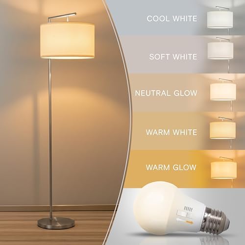 Brightech Montage Modern Floor Lamp - LED Standing Lamp with White Shade and Adjustable Color for Living Rooms & Offices - Tall Corner Bedroom Reading Light for Contemporary Home Decor - Satin Nickel - Image 2