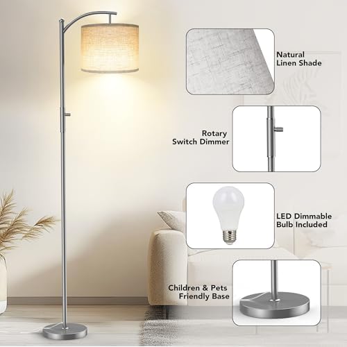 ROTTOGOON Dimmable Floor Lamp, Arc Floor Lamps for Living Room, Stepless Dimming Modern Standing Lamp with Linen Shade, Tall Lamp for Bedroom Office Dining Room- Silver - Image 6