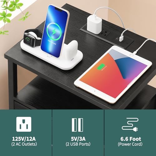 Yoobure Night Stand with Charging Station, Black Nightstand with 3 Fabric Drawers and Storage Shelf, LED End Table with USB Ports and Outlets, Bedside Table for Small Space, Small Dresser for Bedroom - Image 6