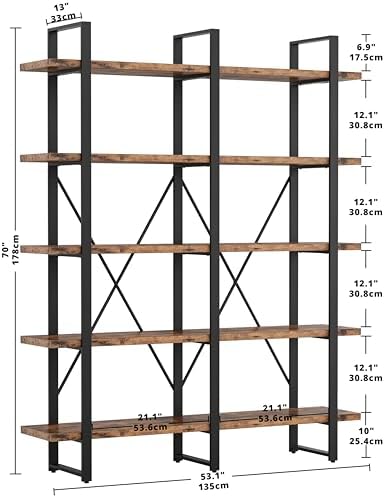 IRONCK Industrial Bookshelf and Bookcase Double Wide 5 Tier, Large Open Shelves, Wood and Metal Bookshelves for Home Office Furniture, Easy Assembly - Image 3