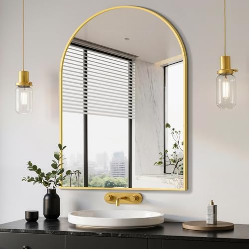 Delma Arched Bathroom Mirror, 26"x38", Gold by Delma