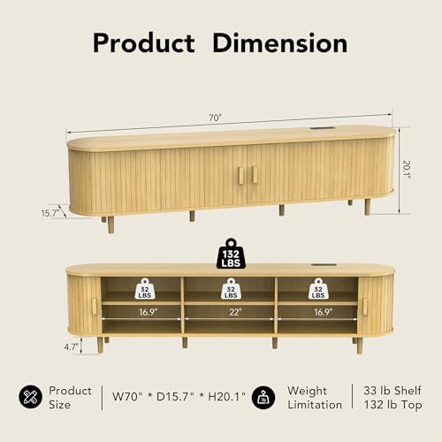MXV 70" TV Stand with Sliding Doors for Living Room, Mid Century Modern Entertainment Center, TV Console with Fluted Door Cabinets and Power Outlet, Oak - Image 5