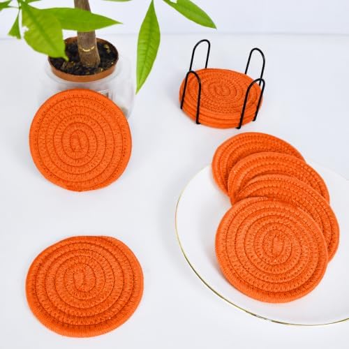 ABenkle 8 Pcs Drink Coasters with Holder, Cotton Woven Absorbent Coasters for Drinks, Minimalist Home Decor Coaster Set for Wooden Tabletop Protection Table, 4.3 inches - Image 7
