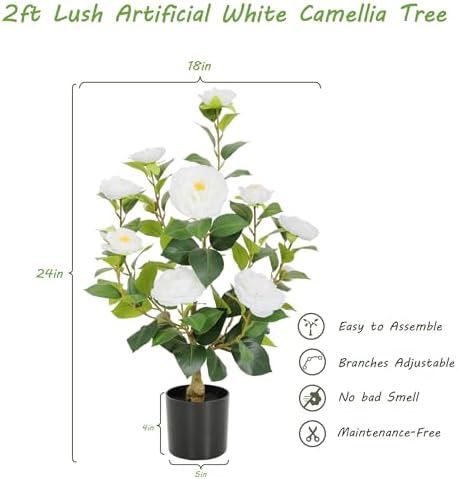 Nafresh 2FT Lush Artificial White Camellia Tree Outdoor 2 Pack, 24inch Faux Camellia Plant, Fake Camellia Flowers Tree for Indoor Outdoor Living Room Home Patio Front Door Garden Decor - Image 5