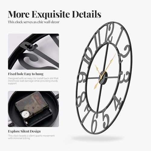 Cuspin 24 Inch Wall Clock for Living Room Decor, Black Modern Metal Clock - Image 5