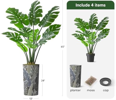 Artificial Tree in Modern Planter, Fake Monstera Silk Tree for Indoor and Outdoor Home Decoration - 65" Overall Tall (Plant Pot Plus Tree) - Image 3