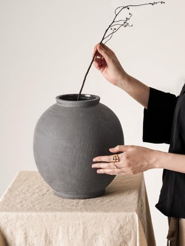 Ceramic Rustic Vase, 10.8 Inch Farmhouse Minimalist Tall Flower Vase for Table, Living Room, Home Decor, Bathroom, Holiday, Wedding, Set of 1,Sandstone Dark Grey - Image 5