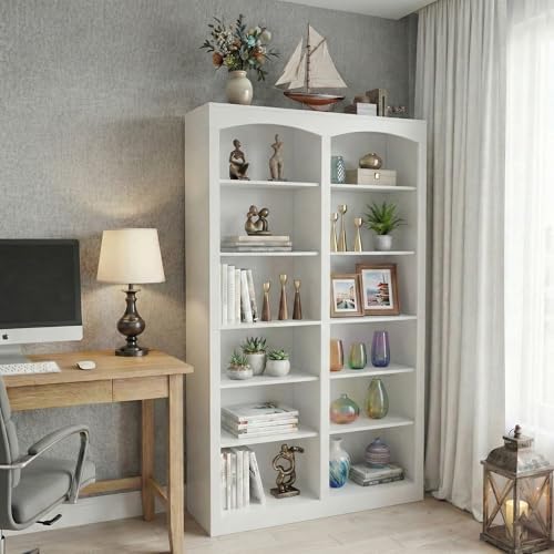 holzart 71" Tall Bookcase, Double Wide White Bookshelf with Arched Design, 12-Tier Open Wood Display Shelf Storage Organizer for Living Room, Home Office (41.6" W x 70.8" H) - Image 3