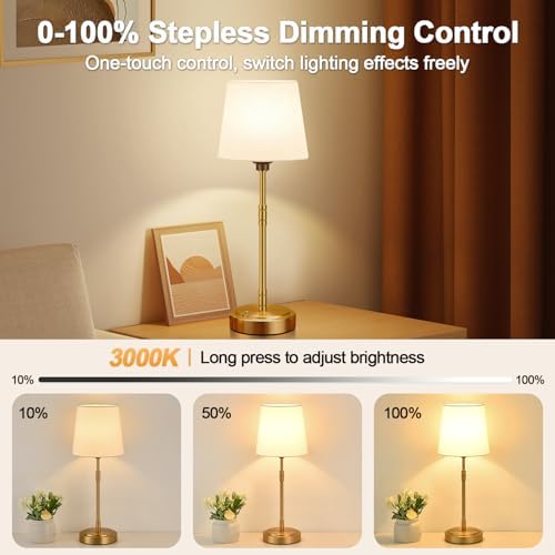 Cordless Table Lamps Set of 2 – Battery Operated Lamp with 7500mAh Rechargeable Battery, Stepless Dimmable Vintage Brushed Gold Desk Wireless Lamps for Dining Room, Nightstand & Patio (Bulbs Included) - Image 3