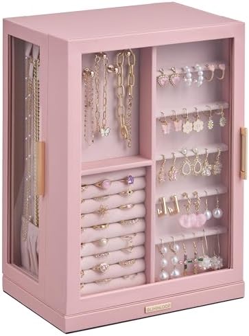 Glimmloop 360° Rotating Jewelry Box with 7 Drawers, Spacious Vertical Jewelry Organizer with Glass Window, Jewelry Storage Case, Dustproof & Moisture-resistant Design, Pink by Glimmloop