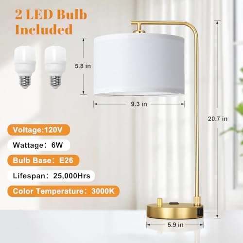 Gold Bedside Lamps Set of 2, Fully Dimmable Lamps for Night Stands, USB A+C - Image 4