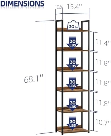 NUMENN Narrow Bookshelf, 6 Tier Freestanding Shelving Unit, Vintage - Image 3