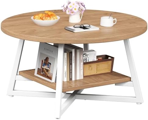 Coffee Table for Living Room, Round Coffee Table, Small Circle Coffee Table with Storage, Modern Wood Round Center Table for Home Office, Small Space, Easy Assembly, Light Coffee by Homeiju