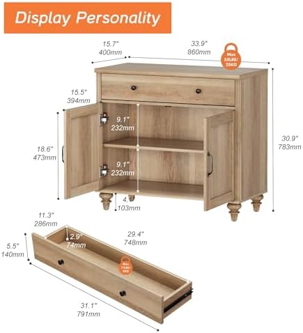 WAMPAT 34’‘ Oak Buffet Cabinet with Doors and Drawer, Wood Kitchen Storage Cabinet Modern Farmhouse Coffee Bar Table Sideboard Credenza for Dining Room - Image 2