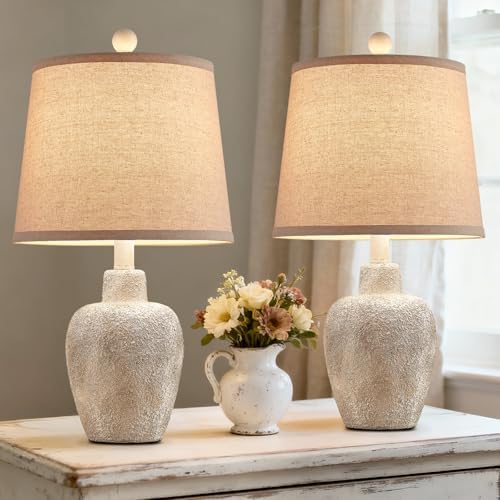 Rustic Farmhouse Table Lamps Set of 2 Small 21" Country Cottage Coastal Bedside Lamps with Retro White Finish for Bedroom or Living Room Nightstands (Bulbs Not Included) by HUITICO