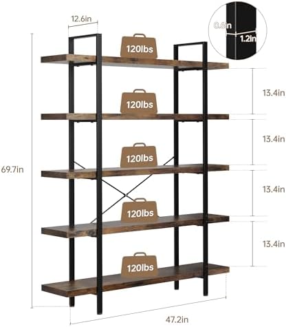 2PCS Heavy Duty 5 Tier Industrial Bookcase for Home Office, Rustic Brown - Image 2