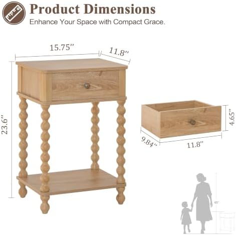 AWASEN Night Stand, Wood End Table with Drawer for Living Room, Small Bedside Side Table with Spindle Wood Legs for Bedroom, Office, Rustic Walnut - Image 3