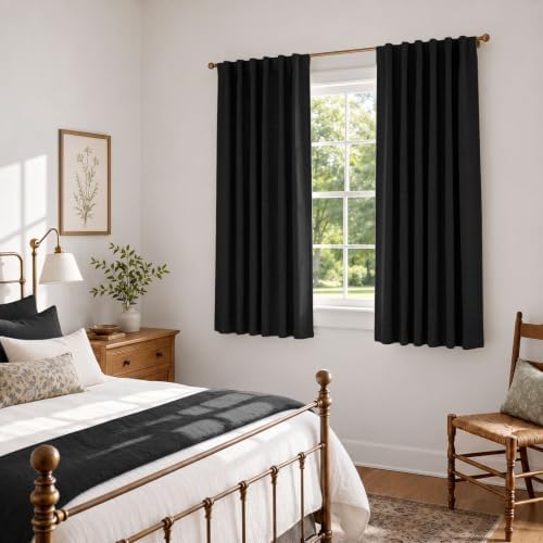 Linen Textured Total Blackout Curtains for Bedroom 63 Inches Long, Black - Image 5