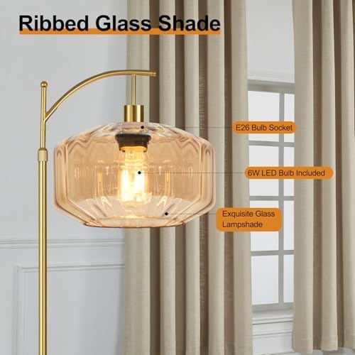 Vintage Floor Lamps for Living Room Glass Floor Lamp with Remote Control,Dimmable Floor Lamp Gold Mid Century Modern Standing Lamp 3 Color Temperature Brass Tall Floor Lamps for Bedroom Corner - Image 3